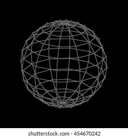 3D Sphere. Molecular lattice. Abstract Globe.Isolated on black background. Vector outline illustration.