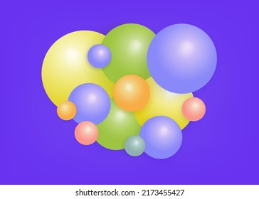 3d esfera sobre fondo morado. Bolas abstractas voladoras, formas redondeadas geométricas, con un resplandor y gradiente brillante. Diseño plantilla de fondo de arte moderno, círculo brillante, orb. Burbuja, líquido. Vector