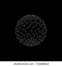 3d Sphere from particles.Isolated on black background.Vector outline illustration.