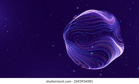 3D Sphere Science Globe With Abstract Glowing Lines Representing Microbiology, Cell Research, or Nanotechnology On Dark Purple Background. Vector Illustration.
