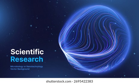 3D Sphere Science Globe With Abstract Glowing Lines Representing Microbiology, Cell Research, or Nanotechnology On Dark Blue Background. Vector Illustration.
