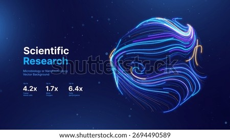 3D Sphere Science Globe With Abstract Glowing Lines Representing Microbiology, Cell Research, or Nanotechnology On Dark Blue Background. Vector Illustration.