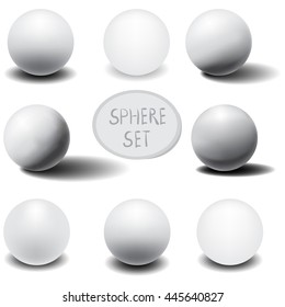 3D sphere. Set of eight realistic white spheres with shadows. Vector illustration. 