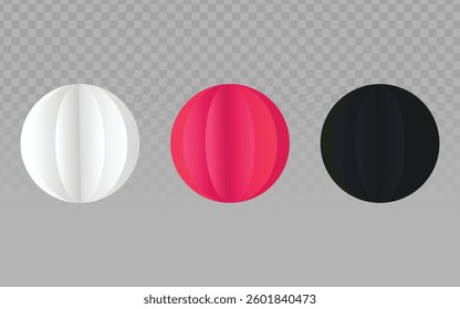 3D sphere set vector with white, red, and black spheres on a transparent background. Realistic balls and spherical objects, perfect for vector designs, geometric shapes, or modern balls 