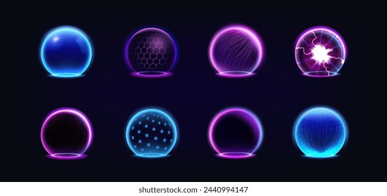 3d sphere. Shield abstract AI, globe protect, ball energy space, cyber magic data, glass blockchain, dome element network, futuristic effect power. Neon glowing isolated elements. Vector background