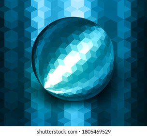 3D sphere textured with mosaic cube pattern over metallic blue backaground, shiny vector design.