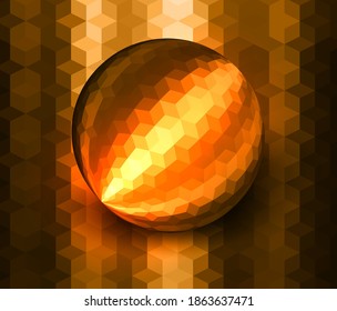 3D sphere textured with mosaic cube pattern over metallic orange backaground, shiny vector design.