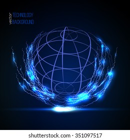 3D sphere wireframe element, globe shaped net. HUD element. Technology digital explosion. Distorted lightnings. Vector illustration