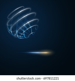 3D sphere wireframe element, globe shaped net. Glowing sci-fi interface HUD element with neon lines. Vector illustration