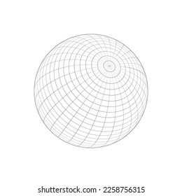 3D sphere wireframe icon isolated on white background. Orb model, spherical shape, grid ball. Earth globe figure with longitude and latitude, parallel and meridian lines. Vector outline illustration