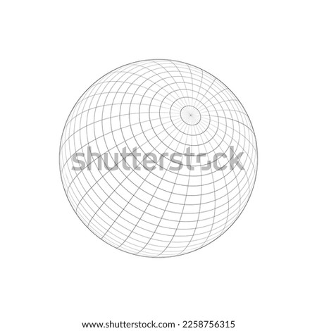 3D sphere wireframe icon isolated on white background. Orb model, spherical shape, grid ball. Earth globe figure with longitude and latitude, parallel and meridian lines. Vector outline illustration
