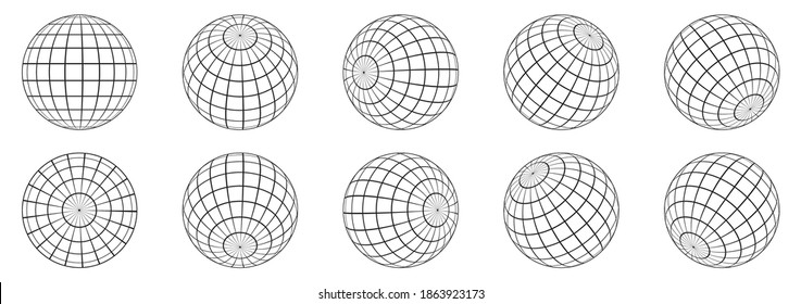 3d esferas globo terrestre. Iconos de globo en diferentes ángulos. Ilustración vectorial. Cuadrícula de globo lineal aislada