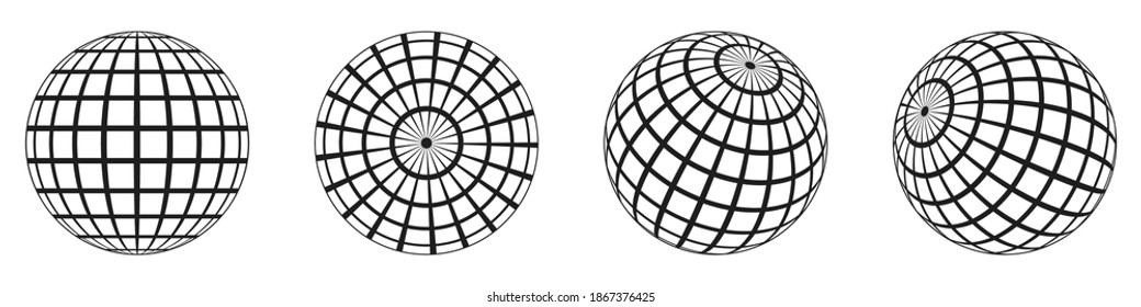3d spheres globe earth. Globe icons in different angles. Vector illustration. Isolated linear globe grid