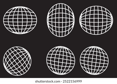3D spheres grids. Globe meshes, ball in various position. Striped 3D orbs, earth globe grid linear wireframe vector line symbol isolated set. Sphere shape with from, top and side views