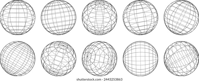 Esferas 3D, cuadrículas, formas de modelo de alambres. Mallas de globo, bola en varias posiciones. Orbes 3D, elementos y2k del vector de la estructura de alambre lineal de la cuadrícula del globo terrestre