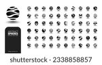 3D spheres logo set, geometric shapes collection, vector abstract icon, graphic design elements. Round, circle form business logotypes. Minimalistic halftone black globe, ball with dot, wave, line.