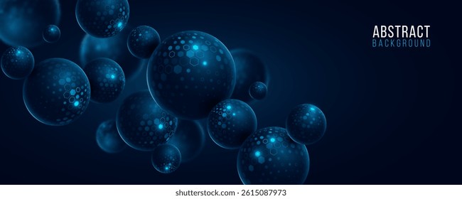 3D spheres textured with pattern of glowing cyber tech hexagons. Futuristic background for Business or Science online webinar. Abstract backdrop for web presentation. Vector illustration