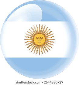 Bandera esférica 3D de Argentina con sol de mayo - estilo de bola brillante sobre fondo transparente.

