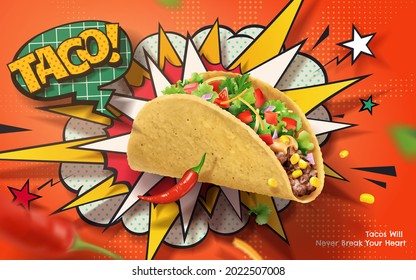 3d spicy taco ad banner in retro American comic theme design. Fresh taco and chili on exploding pop art background.