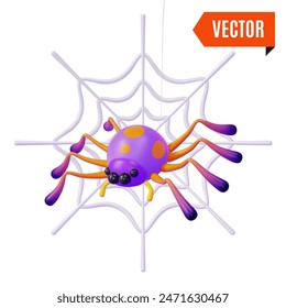 3d araña y telaraña concepto de Halloween diseño de dibujos animados estilo aislado en un fondo blanco. Ilustración vectorial