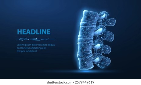 3d spine vector on blue background. Chiropractic care, spinal cord, orthopedic surgery, bone health, human spine, disc prolapse, posture relief, vertebra column, scoliosis problem, osteopathy concept.