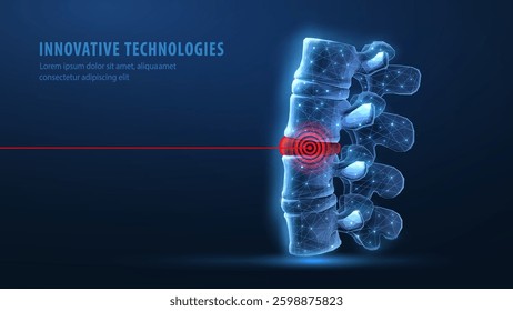 3d spine vector on blue background. Chiropractic care, spinal cord, orthopedic surgery, bone health, spine pain, disc prolapse, posture relief, vertebra column, scoliosis problem, osteopathy concept.