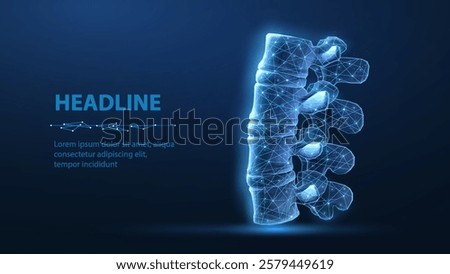 3d spine vector on blue background. Chiropractic care, spinal cord, orthopedic surgery, bone health, human spine, disc prolapse, posture relief, vertebra column, scoliosis problem, osteopathy concept.