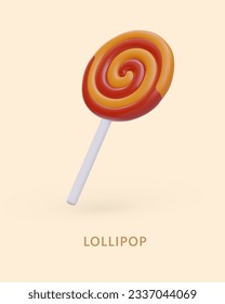 3D spiral colored lollipop on stick. Classic children sweets. Large round candy. Vertical poster with text. Sign for store, goods department. Vocabulary flashcard template