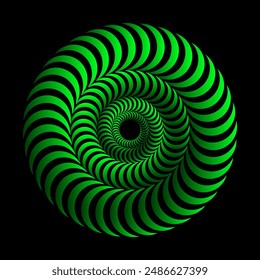 Espiral 3D. Círculos ondulados volumétricos hipnóticos. Ondas isométricas de trompeta. Círculos concéntricos. Ilusión óptica. Ilusión negra y verde