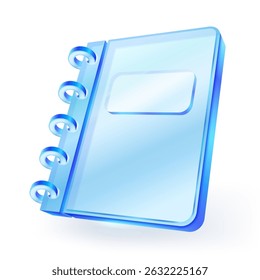3d anel espiral buraco perfurado ícone de notebook de vidro com tampa transparente e rótulo, perfeito para App UI, papelaria ou educação digital, isolado no fundo branco. Ilustração vetorial.