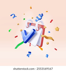 3D spiral wall calendar and check mark in confetti. Render calendar with check box. Schedule, appointment, organizer, timesheet, important date. Time management concept. Minimal vector illustration