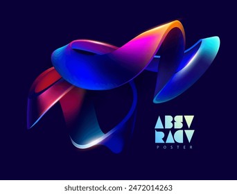 3D spiral wave ribbon on dark background. Liquid colorful vector shape. Abstract design element.