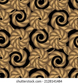 3d espirales sin fisuras. Fondo floral ornamental vectorial. Resumen de adornos dorados 3d con flores superficiales, formas espirales, remolinos, mandalas. Repetir el fondo Deco. Una textura 3d dorada infinita.