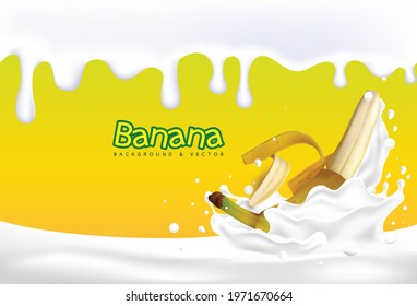 3d. Splash of Banana Milk. 3d.Vector image of a Banana.Realistic yellow Banana on the White background.Slices, pieces.

