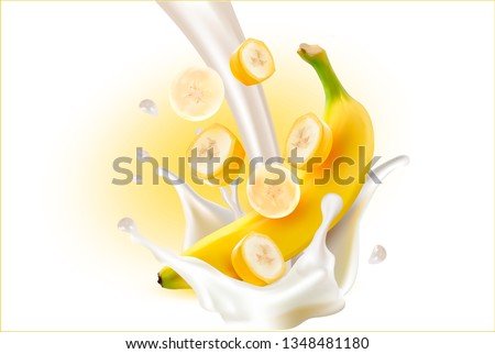 3d. Splash of Banana Milk. 3d.Vector image of a Banana.Realistic yellow Banana on the White background.Slices, pieces.