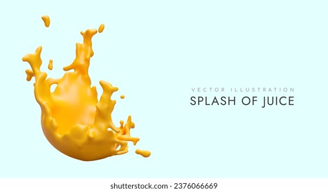 3D splashes of natural juice. Realistic splatter of orange liquid with drops. Appetizing concept of delicious natural juice. Cocktail advertisement. Horizontal banner with place for text