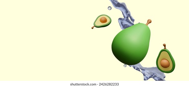 3D splashes of water, whole and cut avocado. Creative concept for advertising