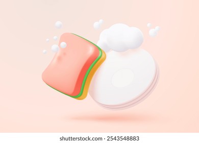 3D sponge wash icon signs with soapy foam cleaning service. Washing sponge in kitchenware scouring pads. Kitchen and bath cleanse tool accessories. 3d brushing hygiene icon vector render illustration