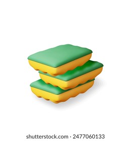 3D sponge for washing dishes isolated on white. Render sponge icon. House cleaning equipment. Household accessories. Realistic vector illustration