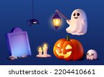 3D Spooky Halloween elements set. Illustration of cute ghost, jack o lantern, melted candles, gravestone, hanging spider, cross eyed skull isolated on purple background