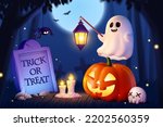 3D Spooky Halloween at graveyard. 3D Rendering cute ghost floating above pumpkin at spooky night in haunted graveyard