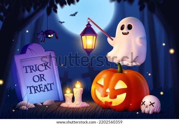 3D\
Spooky Halloween at graveyard. 3D Rendering cute ghost floating\
above pumpkin at spooky night in haunted\
graveyard