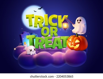 3D Spooky Halloween poster. 3D rendering cute ghost holding lantern floating above jack o lantern with text of trick or treat floating on purple cloud in sky