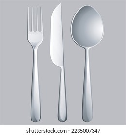 3D spoon, fork, and knive, restaurant icon simple flat on grey background