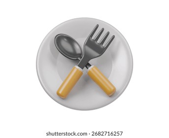 Cuchara 3D, tenedor con ilustración de renderizado de icono de placa