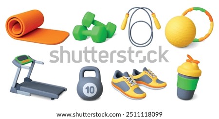 3d sport tools. Fitness equipment icons, realistic render elements. Gym workout shoes and accessories. Dumbbells jumping rope sporty mug, pithy vector set