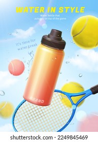 3D Sport water bottle ad  Orange gradient bottle  tennis balls   racket floating in the sky and splashing water drop effect 