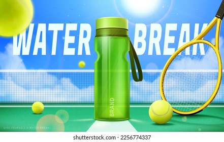 Anuncio de botella de agua deportiva 3D. Botella verde en la cancha de tenis con raqueta y bolas sobre fondo solar soleado.