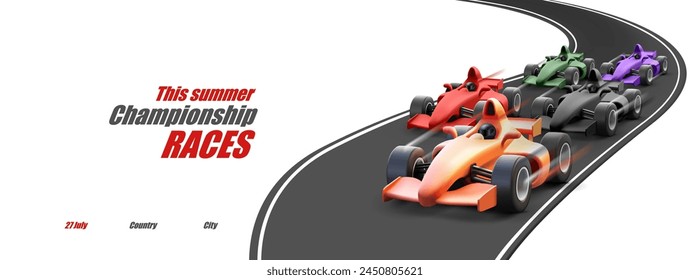 3D sports cars, racing cars in motion on the track. Banner for advertising rally sports competitions. The season opener, top riders and champions. Vector illustration.