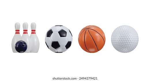 Icono de deportes 3D establecido en Pin Bowling, baloncesto, fútbol y bola de golf 3d render